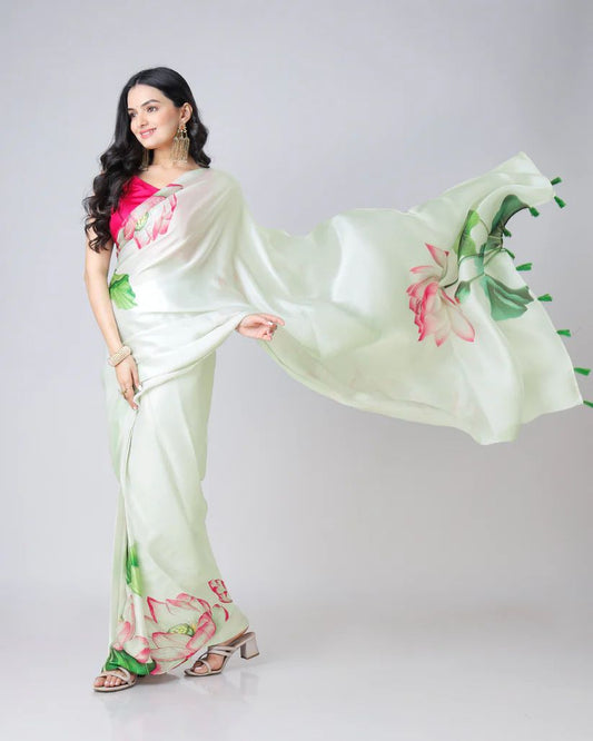 Pista color japan satin saree with blouse online