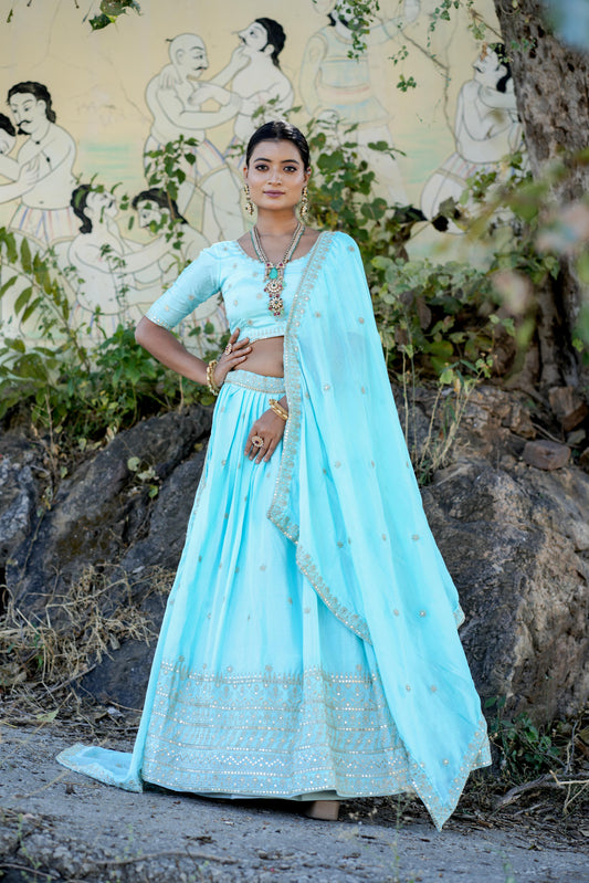 Sky color chinon lehenga choli with dupatta images