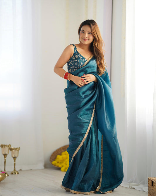 Teal blue color gold crush tissue silk saree for wedding