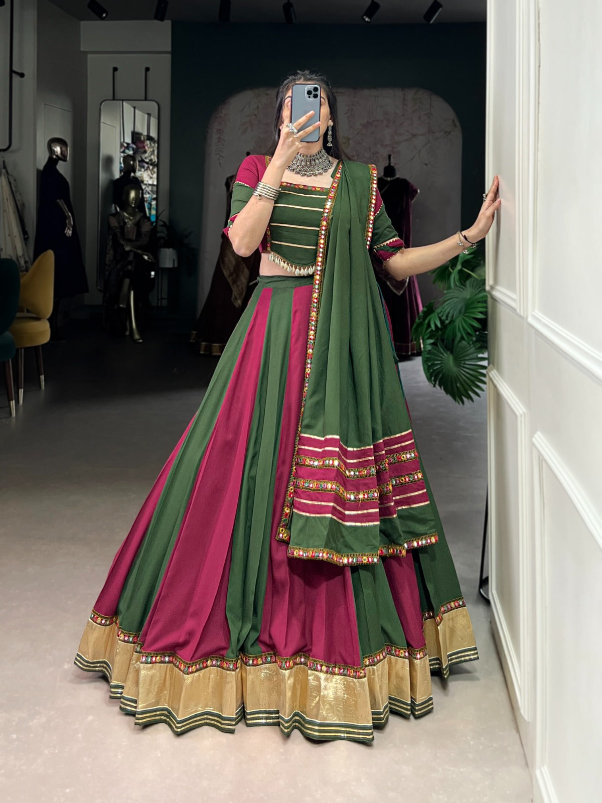 Maroon color mirror work ghagra choli USA