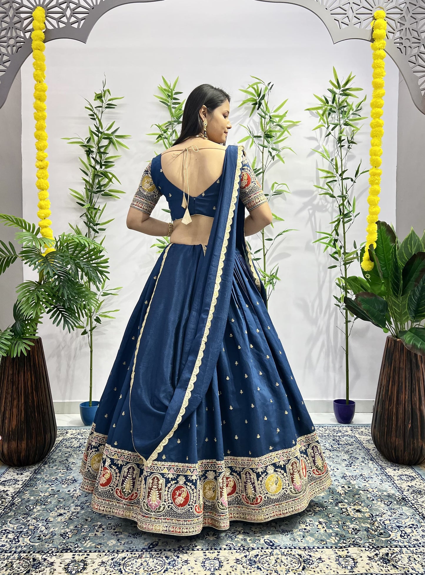 Navy blue color silk lehenga choli for women online