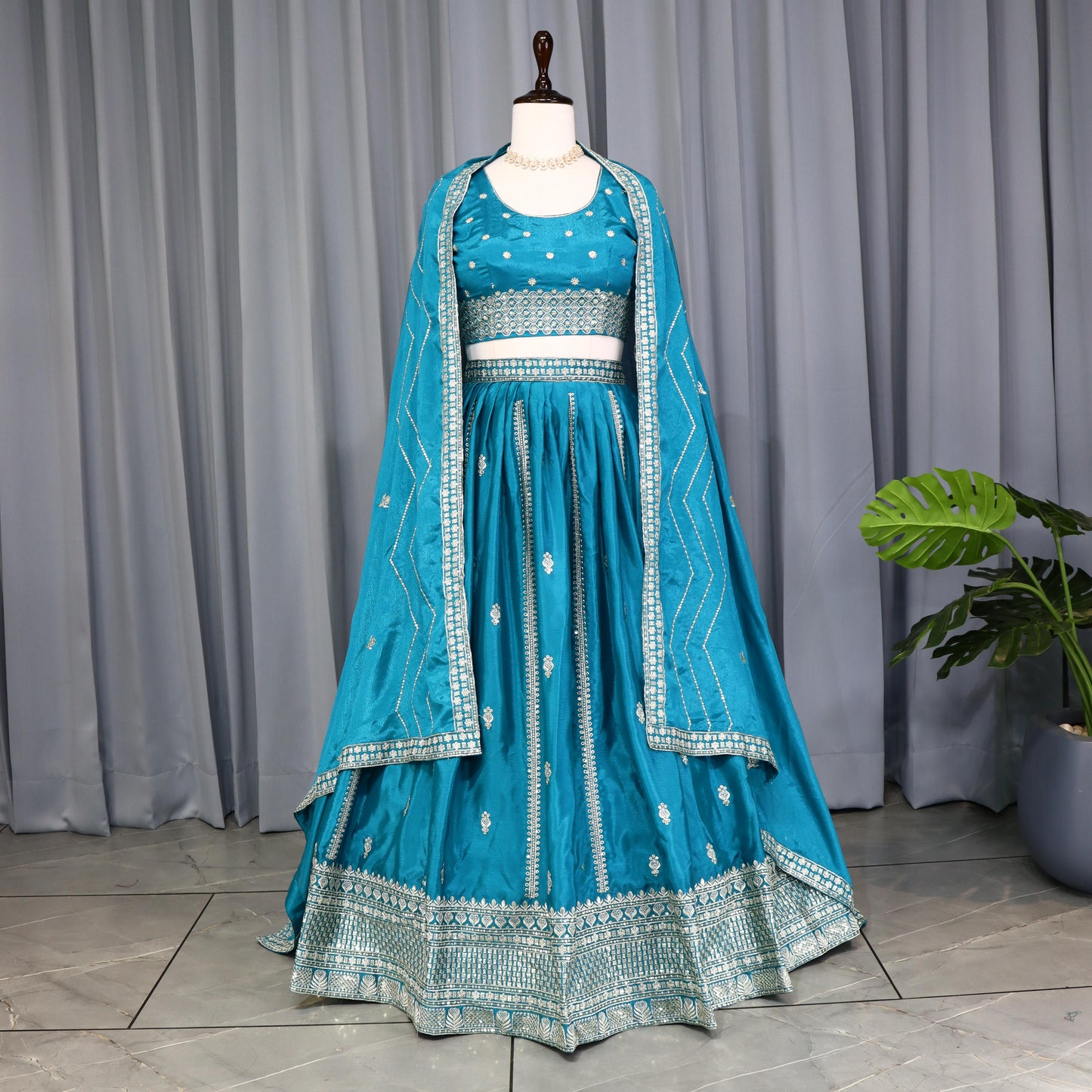Firozi Color chinon lehenga choli with dupatta online shopping