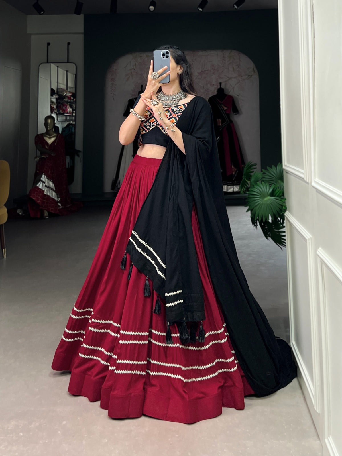 Maroon lehenga with contrast Dupatta