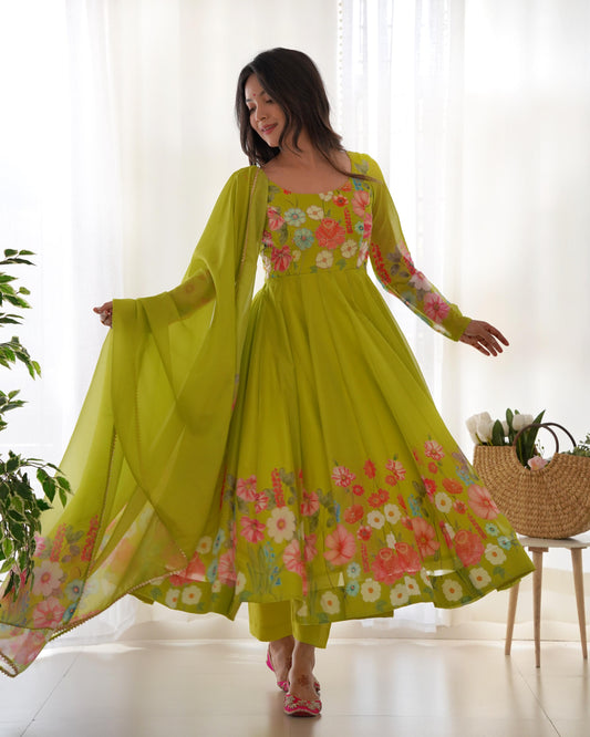 Long green organza silk gown for women