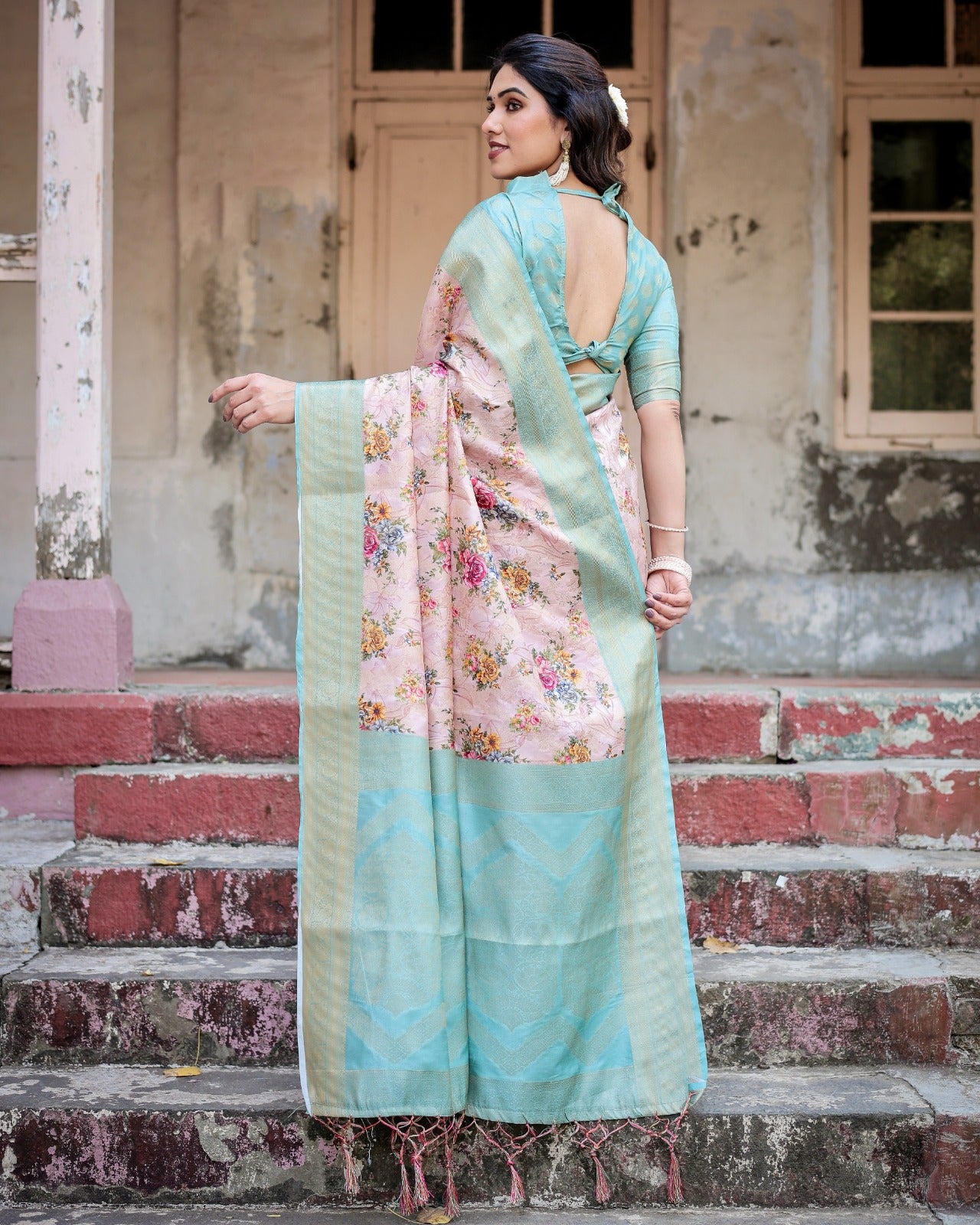 Peach color banarasi silk saree for wedding