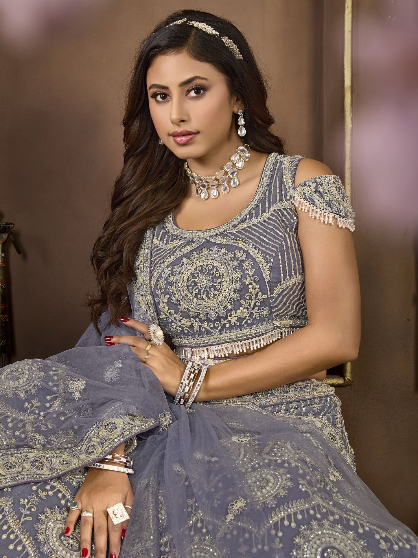 Premium net dark grey color lehenga choli for women online