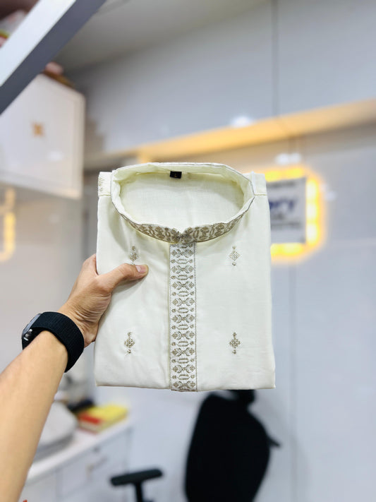 White color silk embroidery work kurta pajama images