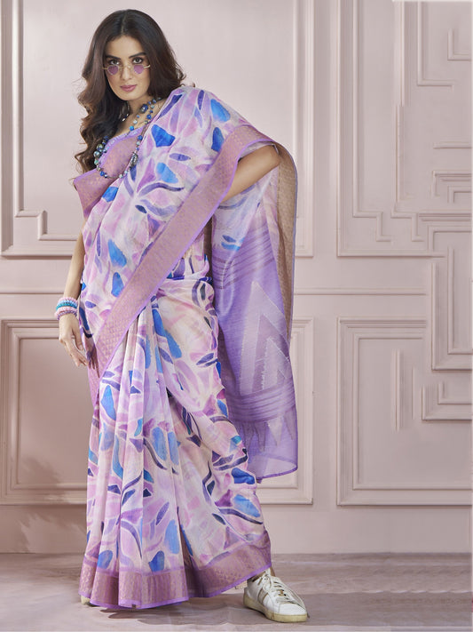 Purple color cotton art silk printed saree images