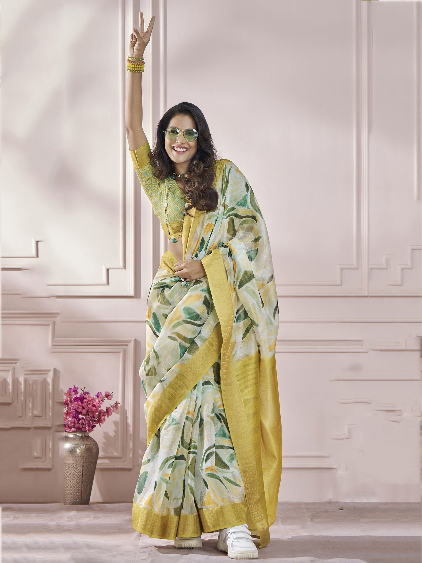 Yellow color cotton art silk printed saree for women price