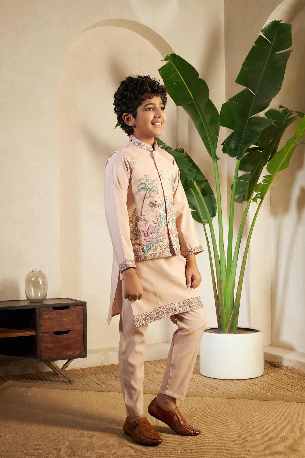 Kids Boys Beige Sequins Kurta Pajama for Wedding