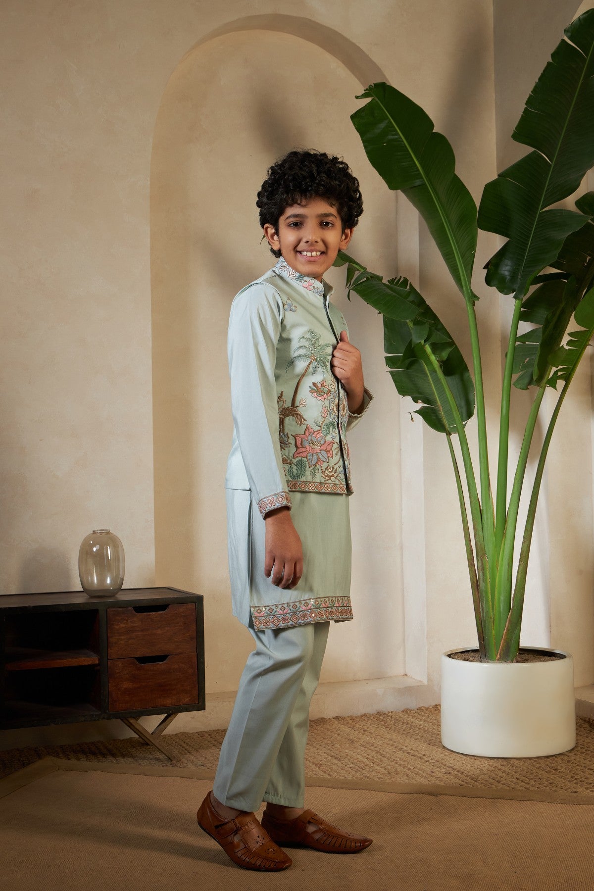 Cyan Color Embroidered Kids Boys Kurta Pajama