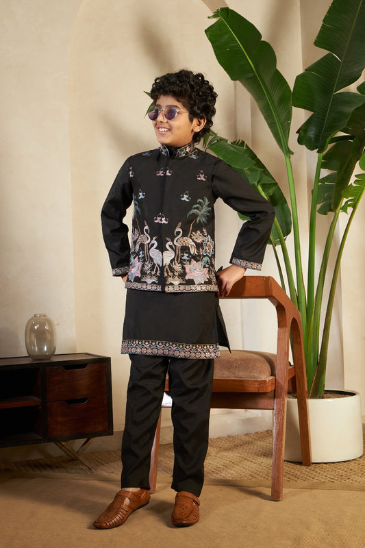 Kids Boys Black Embroidered Kurta Pajama