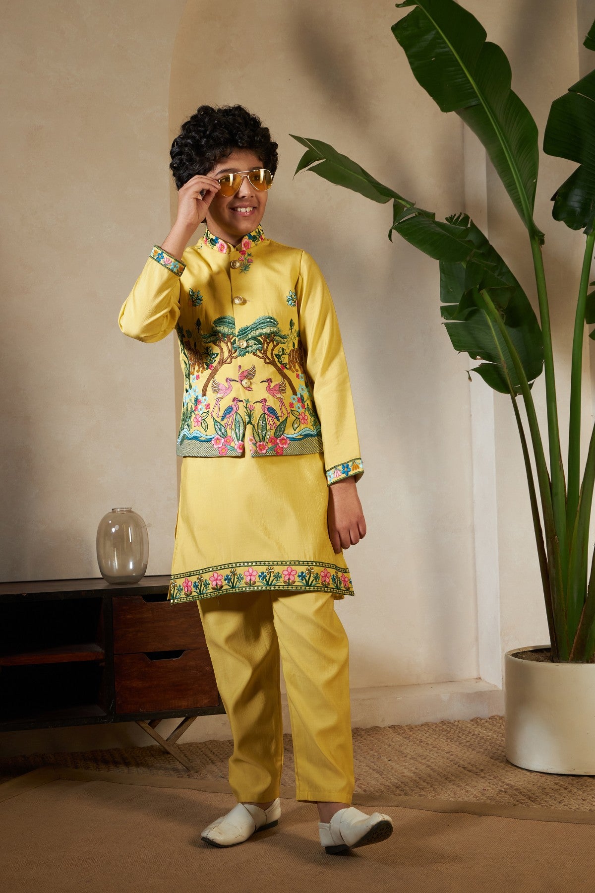 Yellow Silk Kids Boys Embroidered Kurta for Haldi