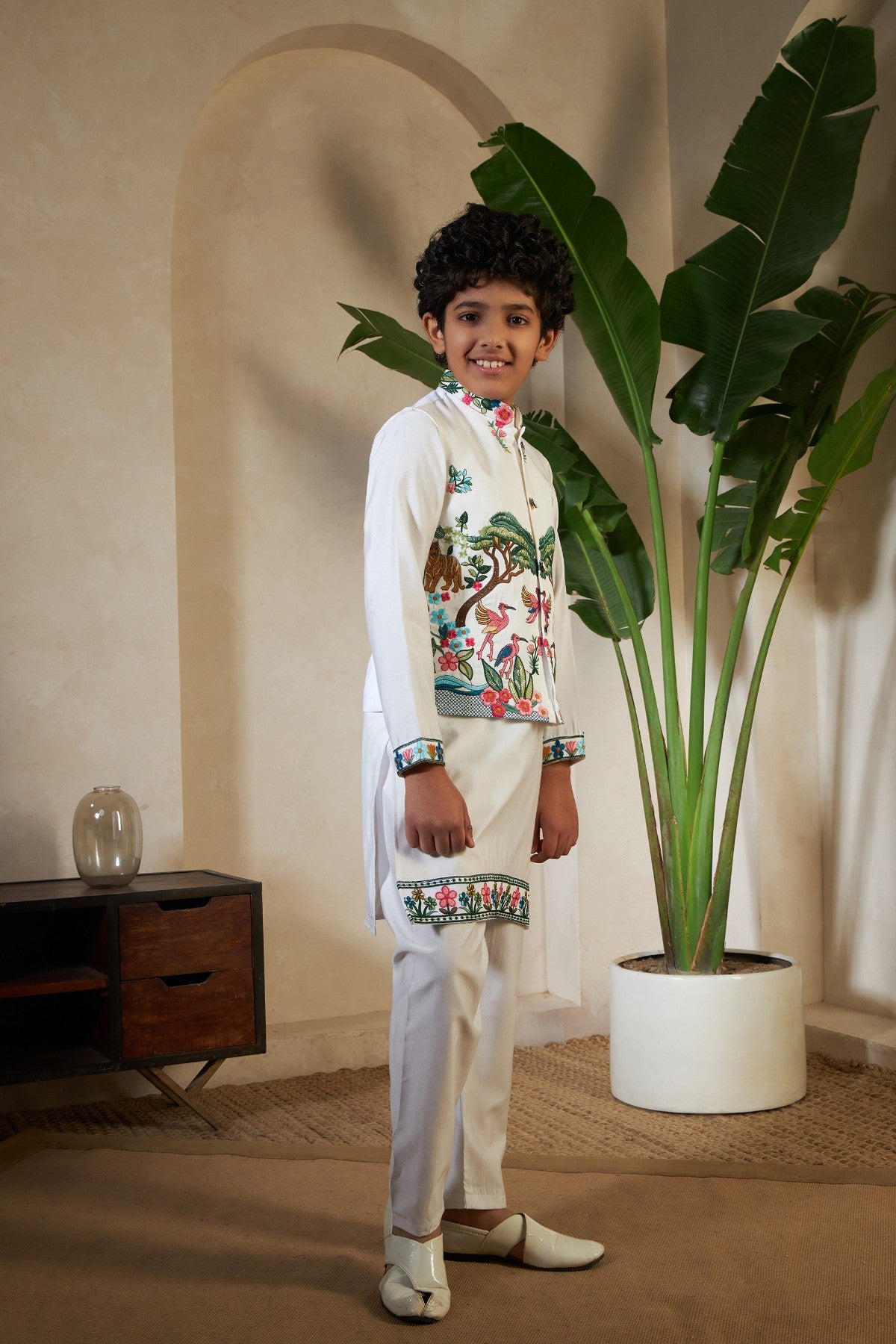 White Viscose Silk Reception Kids Boys Kurta Pajama