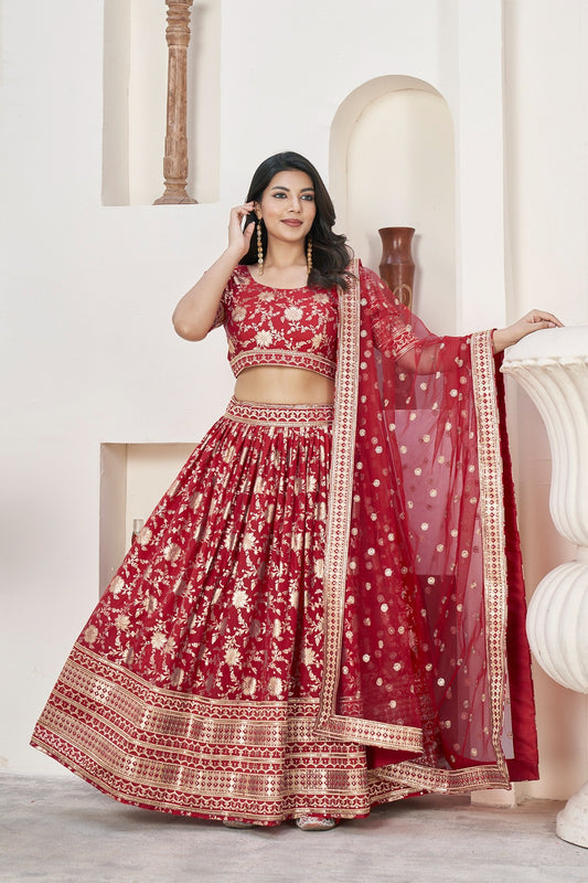 Red color dola jacquard lehenga choli price