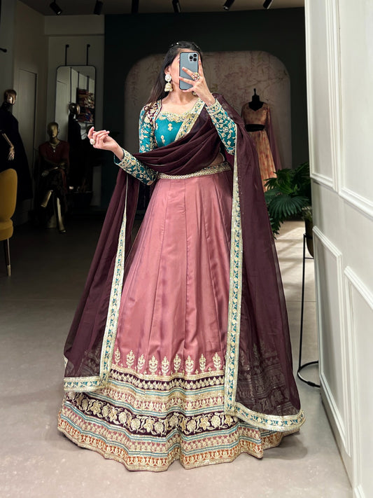 Peach color moonga silk lehenga choli for wedding