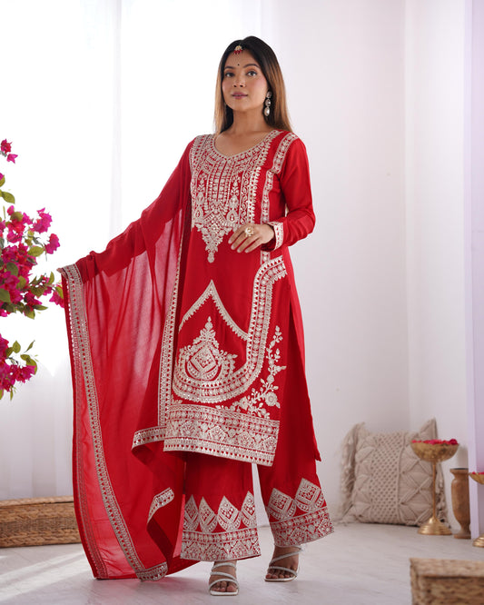 Red color vichitra silk sharara suit for wedding