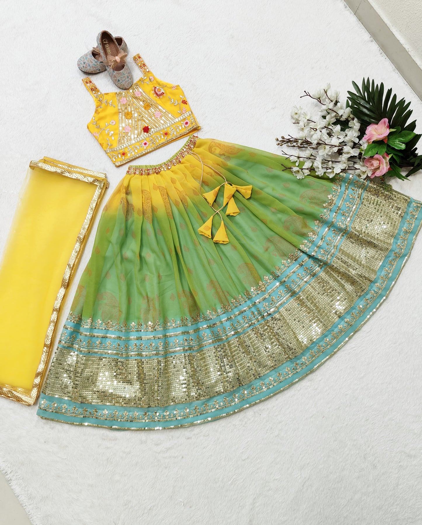 Green georgette lehenga choli for small girls online shopping