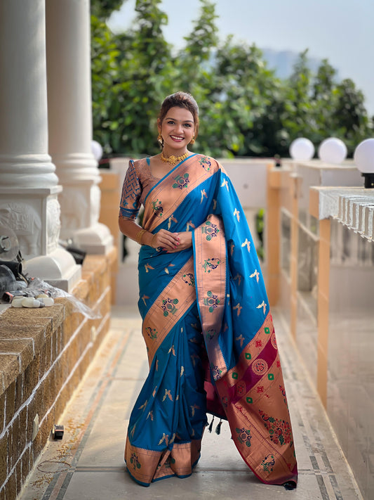 Rama color paithani silk saree for wedding