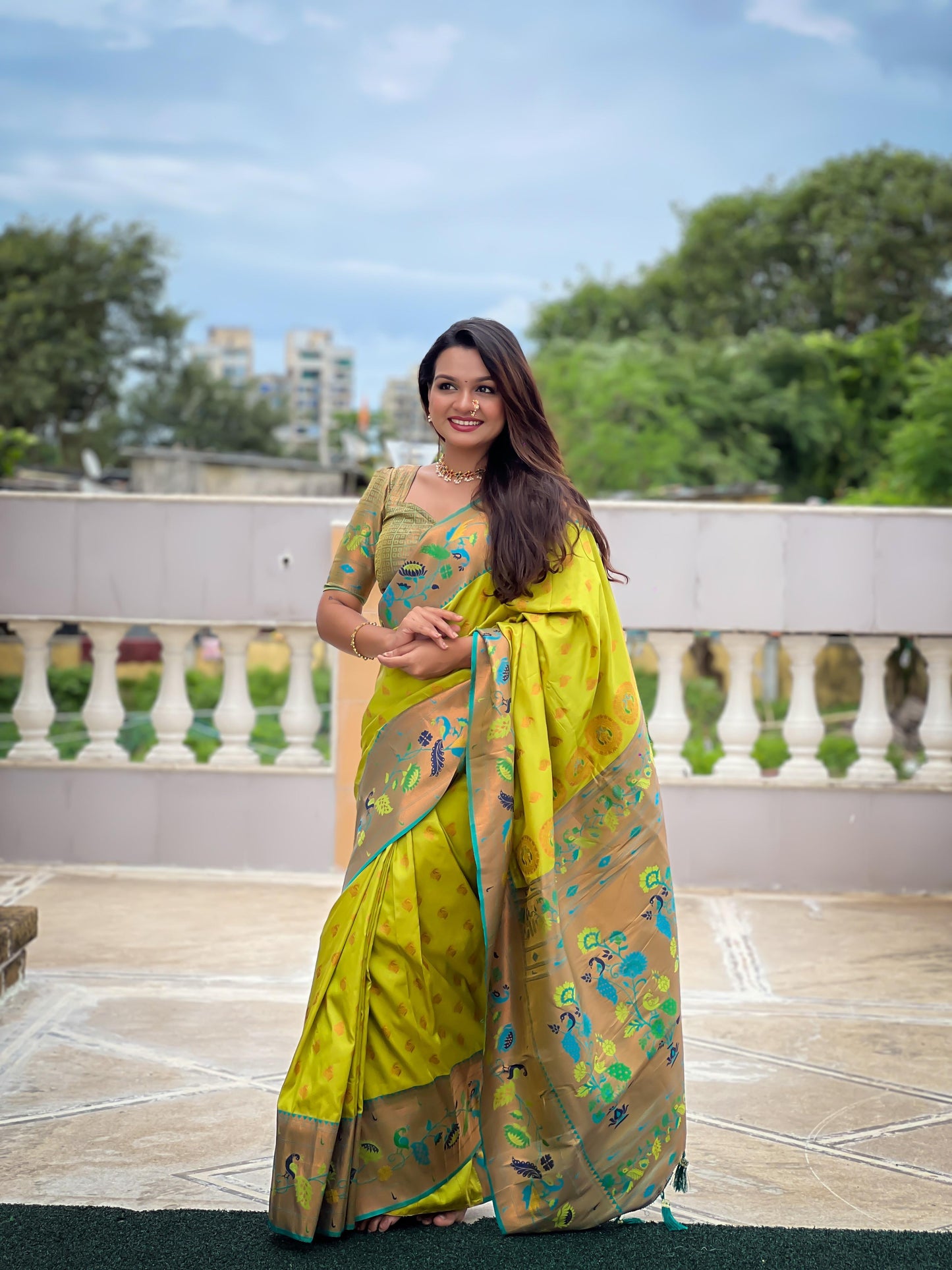 Parrot green color paithani silk saree for women