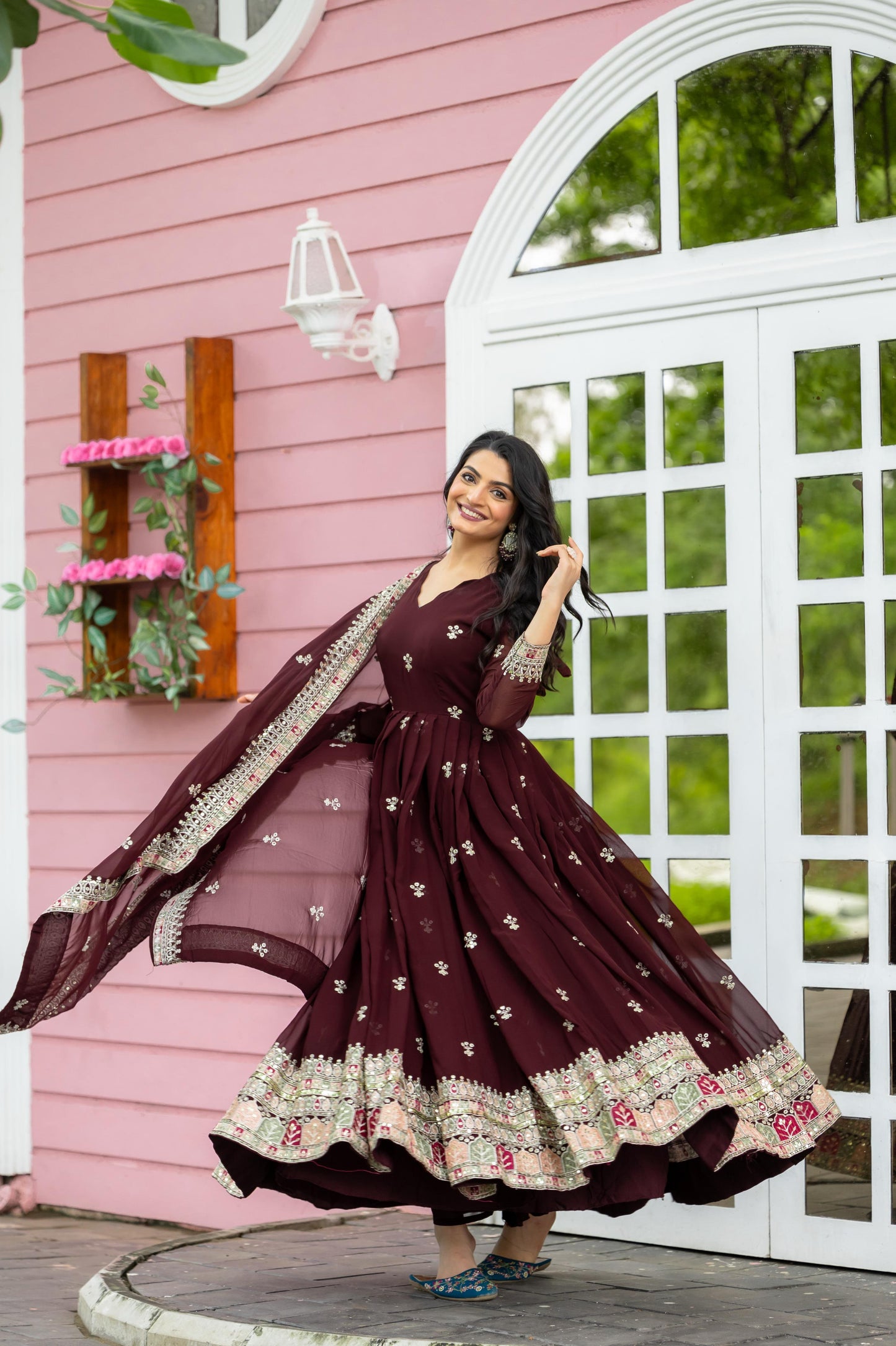 Purple color georgette long gown with images