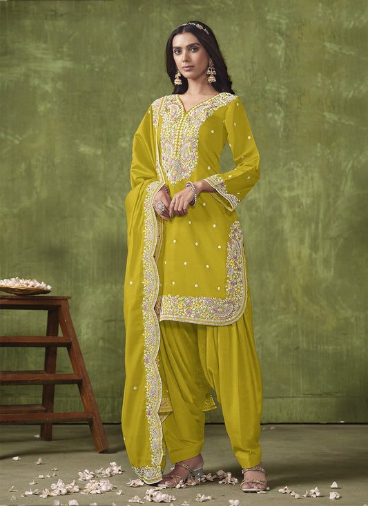 Mustard color embroidery work salwar suit for women online