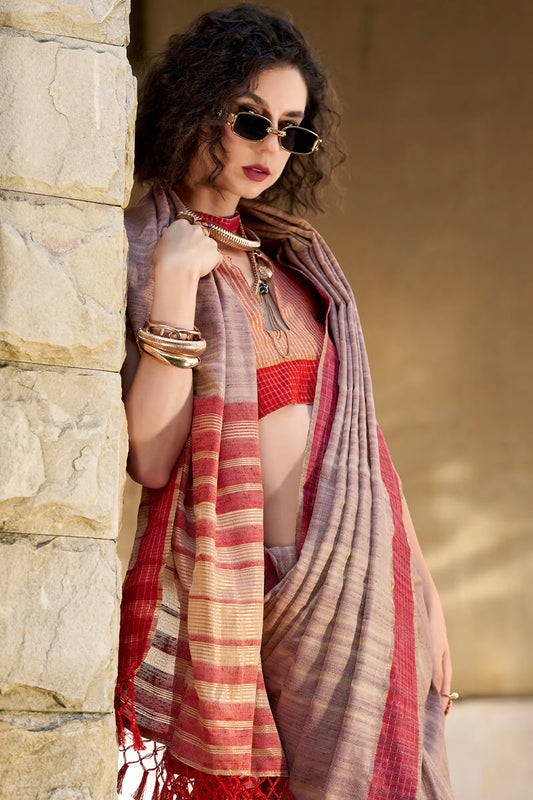 Beige color handloom saree for women with online