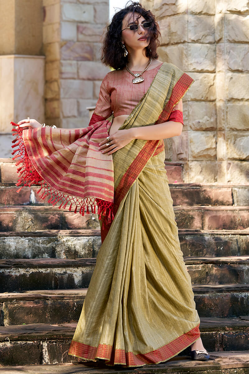 Mehendi color handloom saree with blouse images