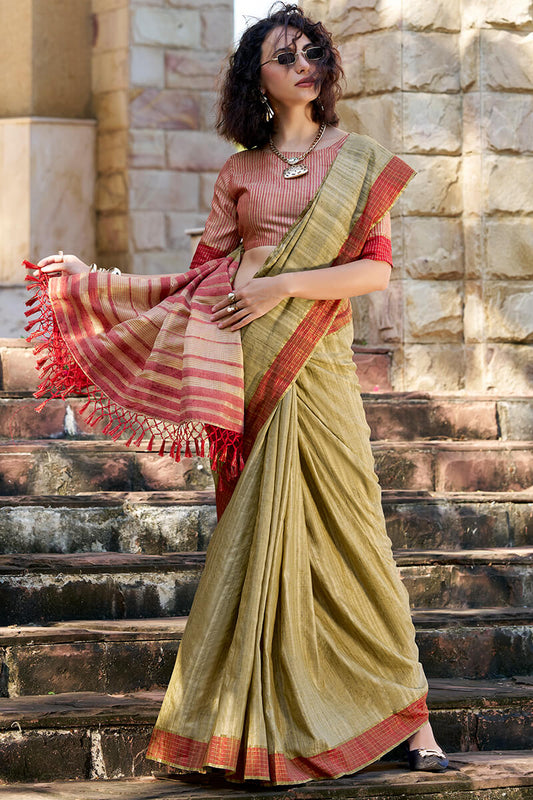 Mehendi color handloom saree with blouse images