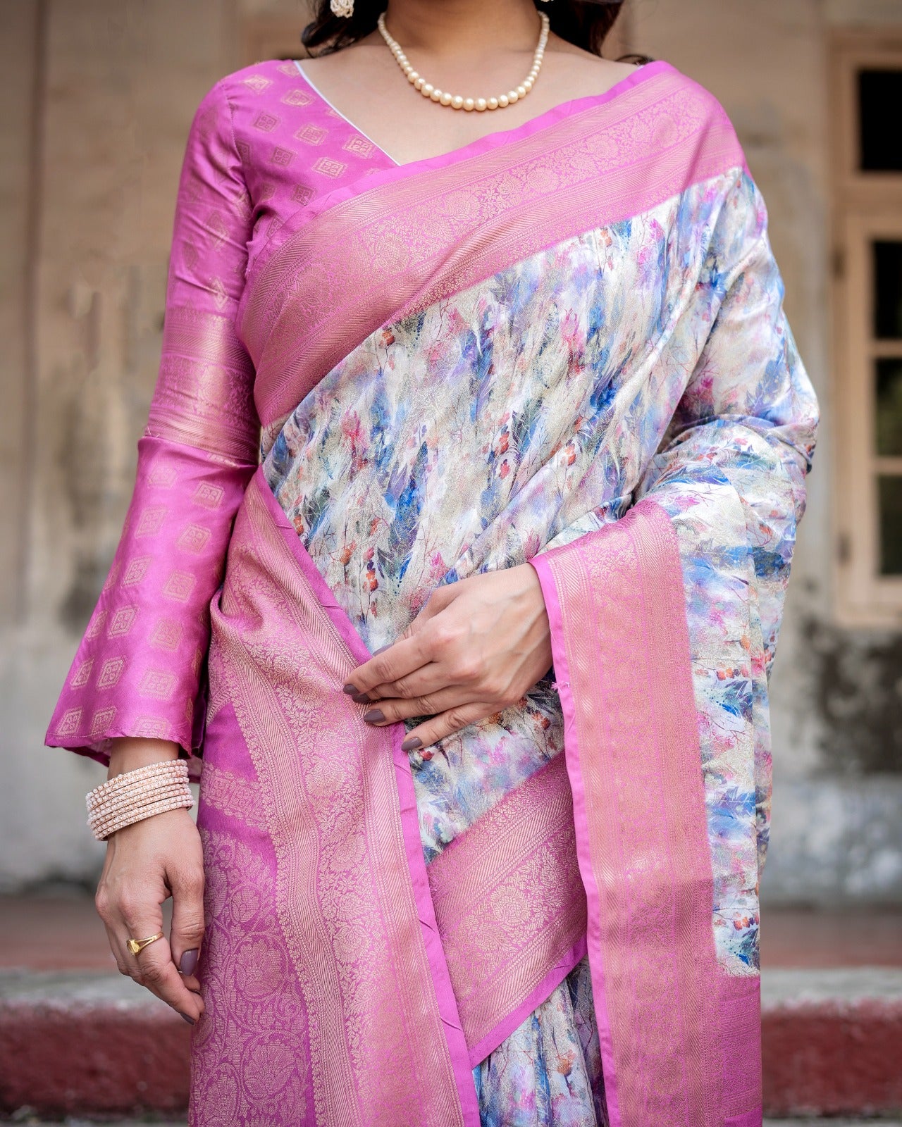 Pink color banarasi silk saree with blouse price
