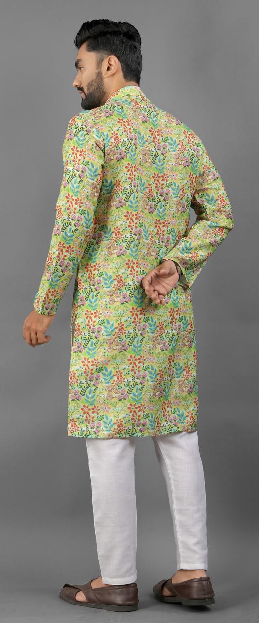 Pista color linen printed kurta online shopping