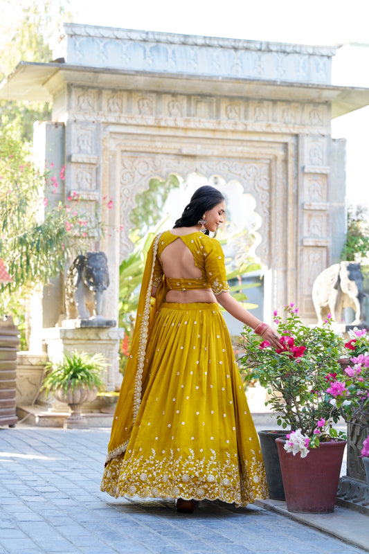 Mustard color sequins work lehenga choli