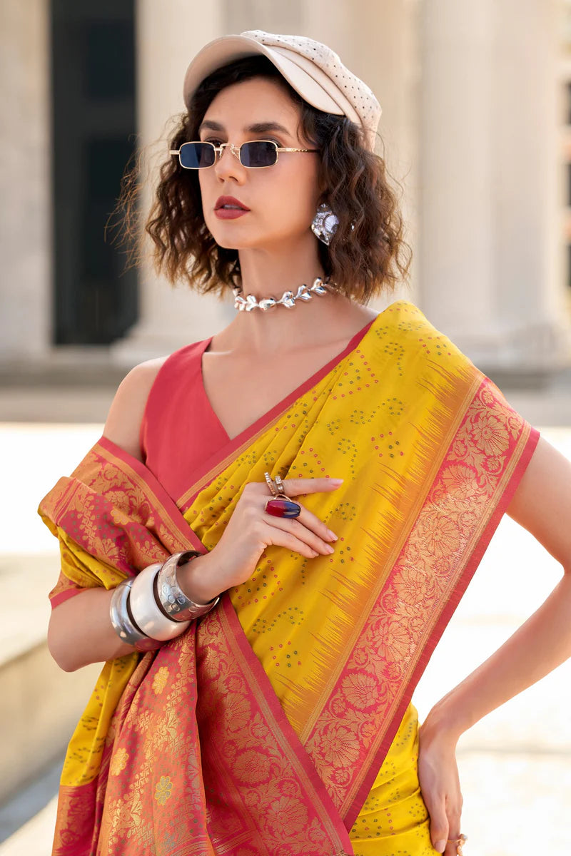 Yellow color soft silk saree with blouse price