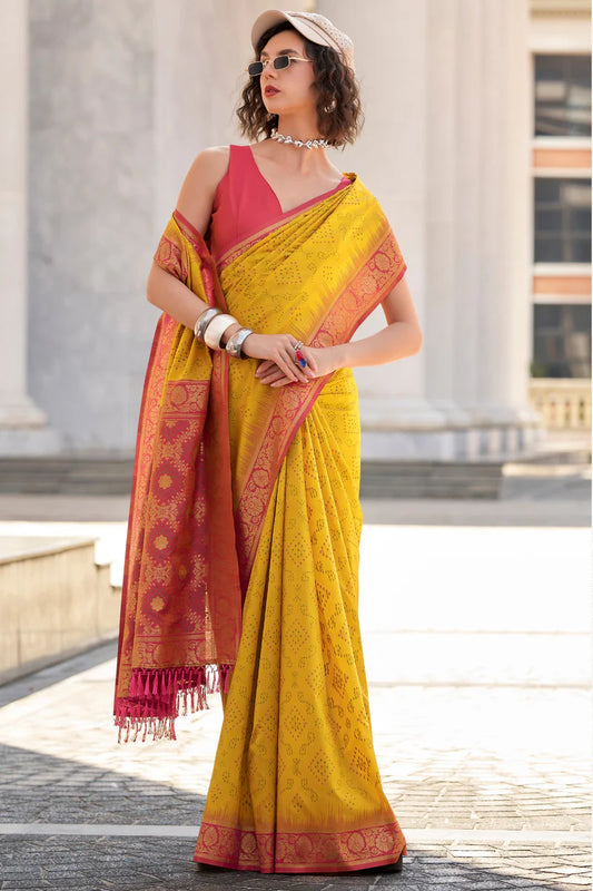Yellow color soft silk saree with blouse online