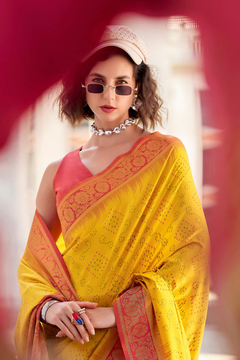 Yellow color soft silk weaving saree with blouse design