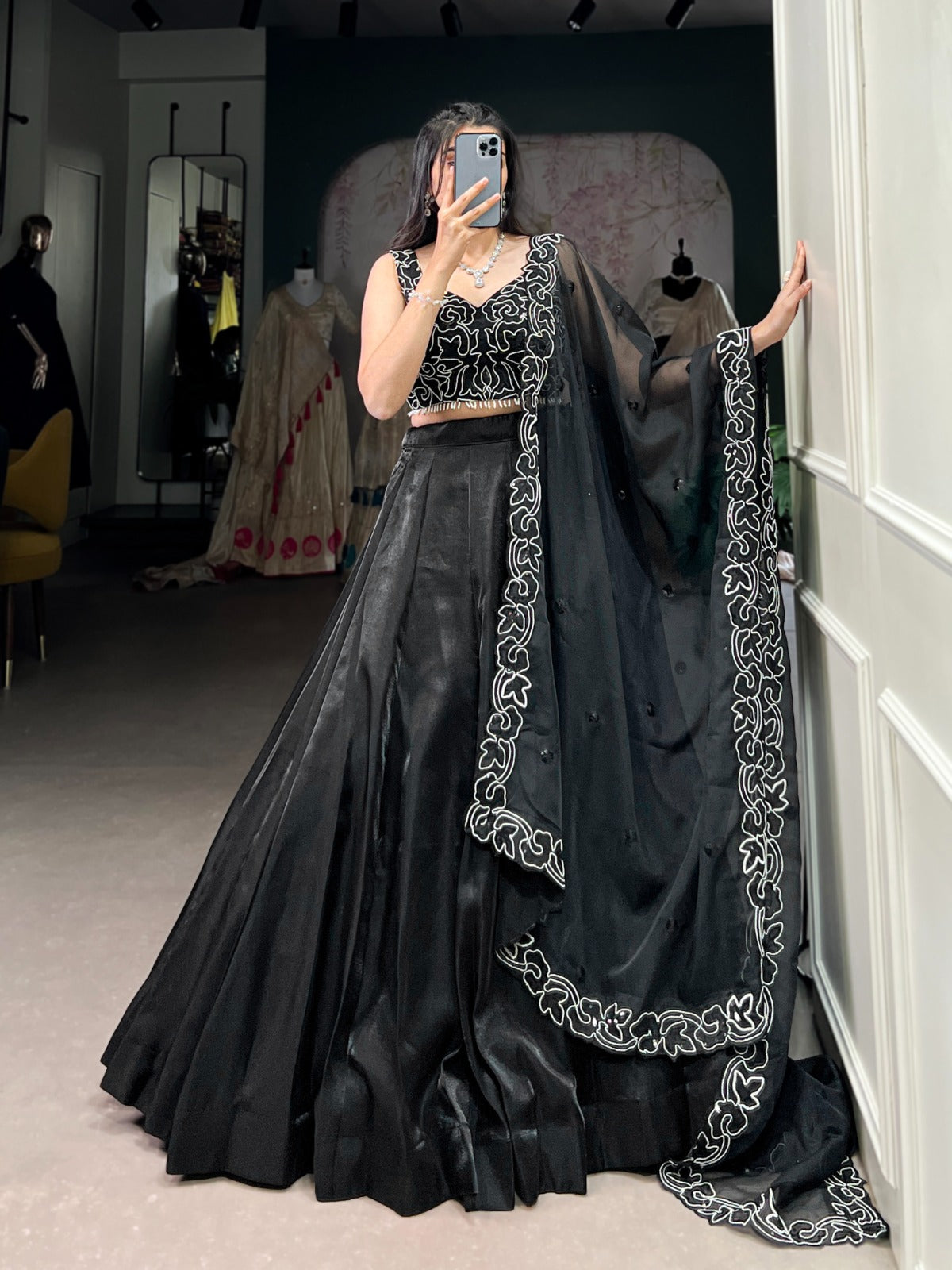 Black color star satin lehenga choli with dupatta online