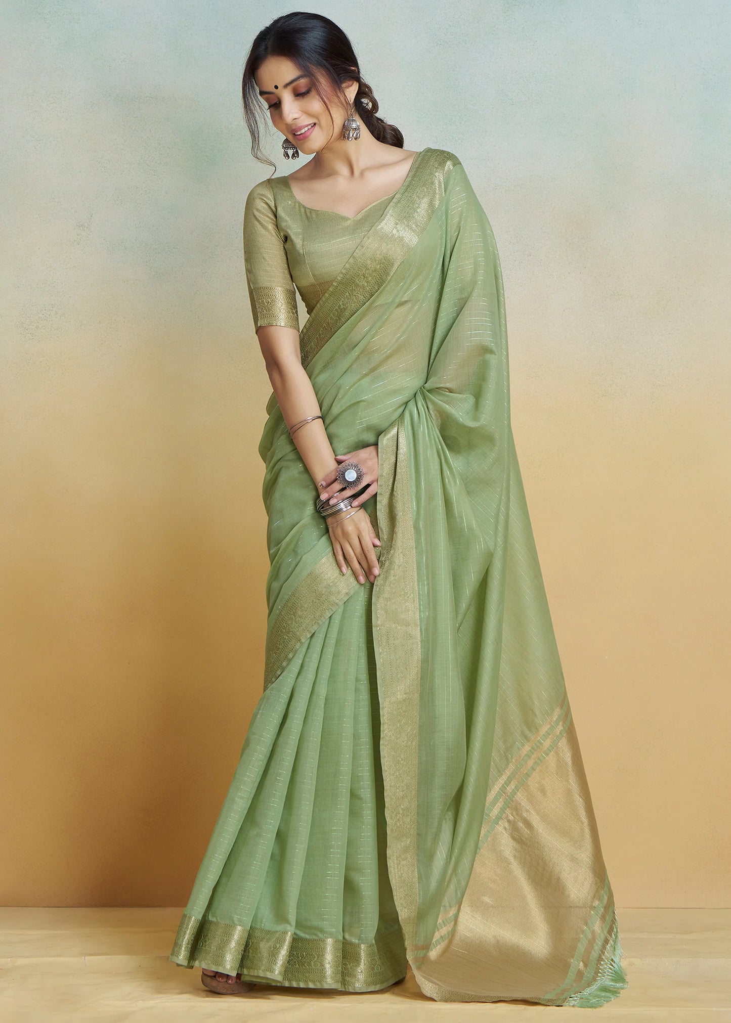 Pista Green color khadi silk saree for wedding