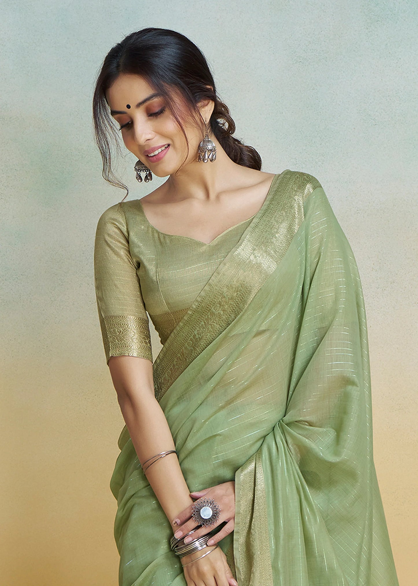 Pista Green color khadi silk saree with blouse online