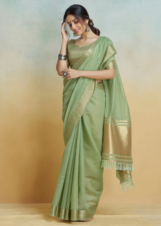 Pista Green color khadi silk saree with blouse online