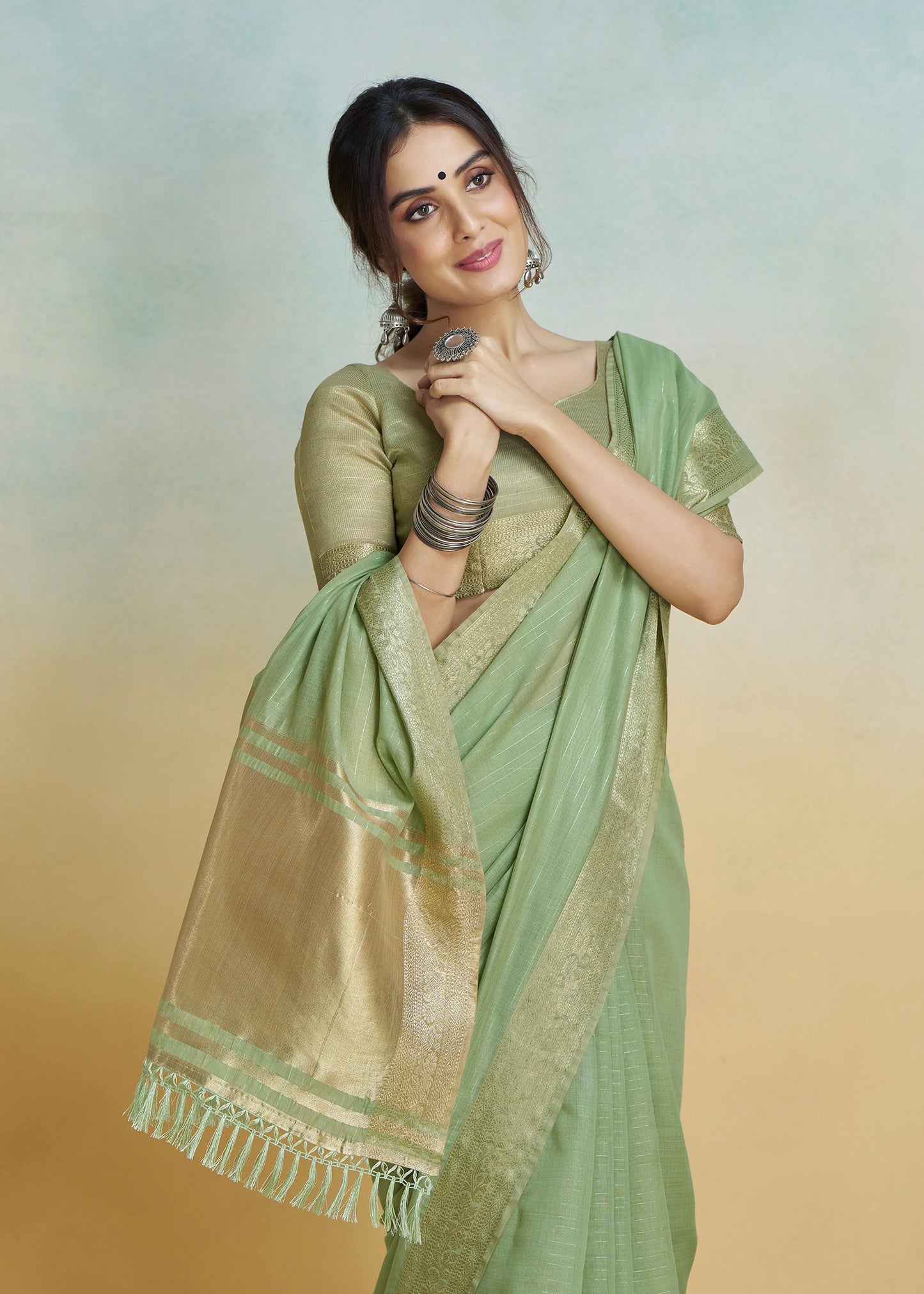 Pista Green color khadi silk saree with blouse images