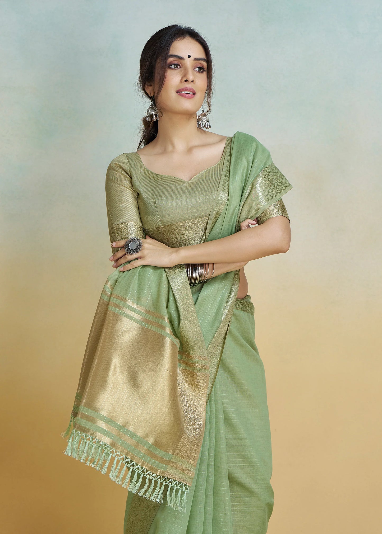Pista Green color khadi silk saree with blouse design