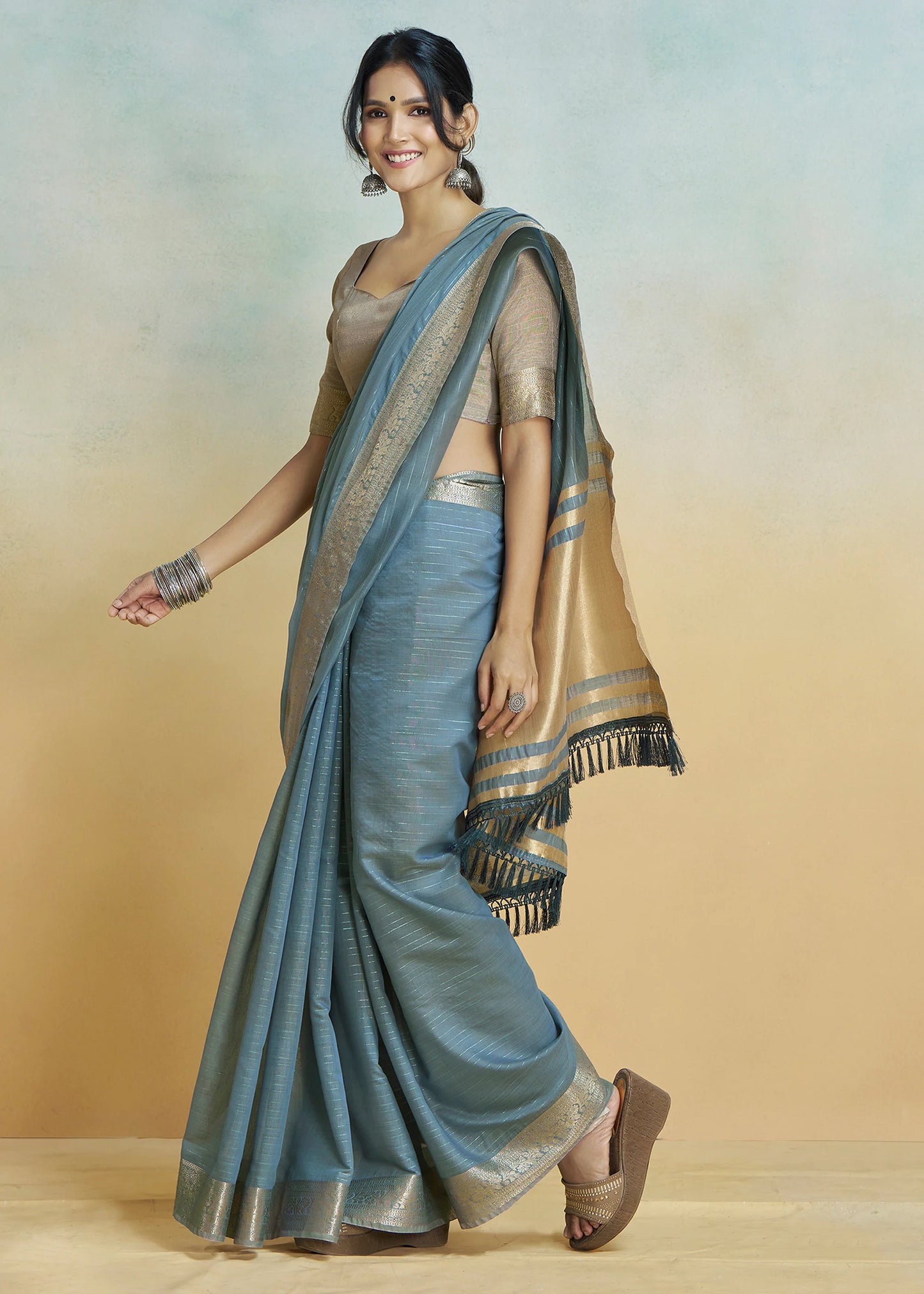 Teal Blue khadi silk saree with blouse online