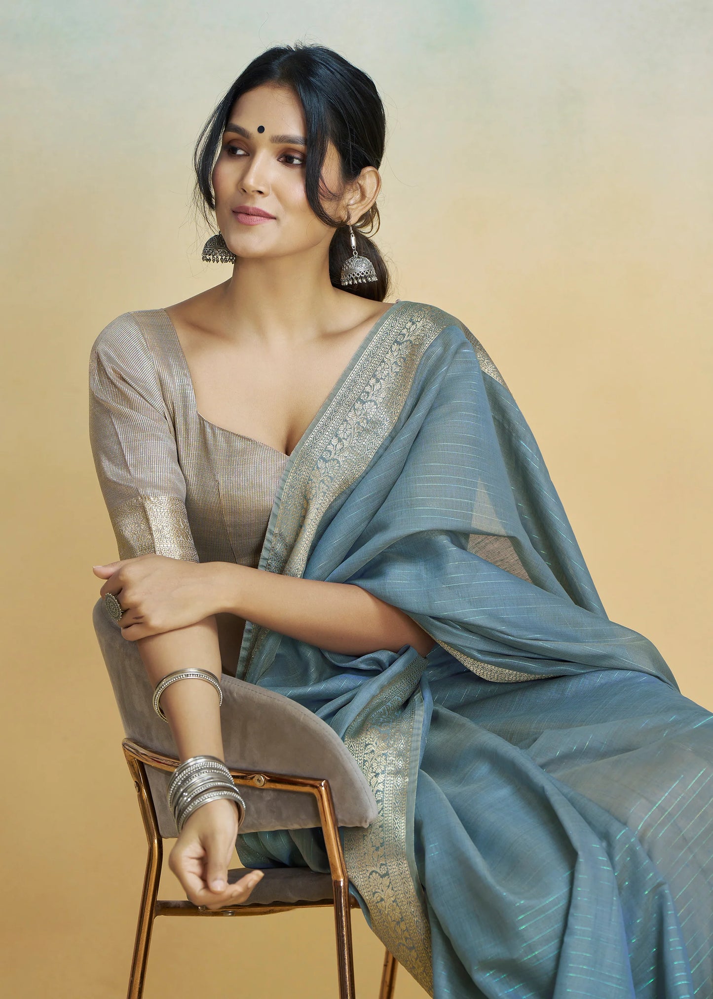 Teal Blue khadi silk saree with blouse images