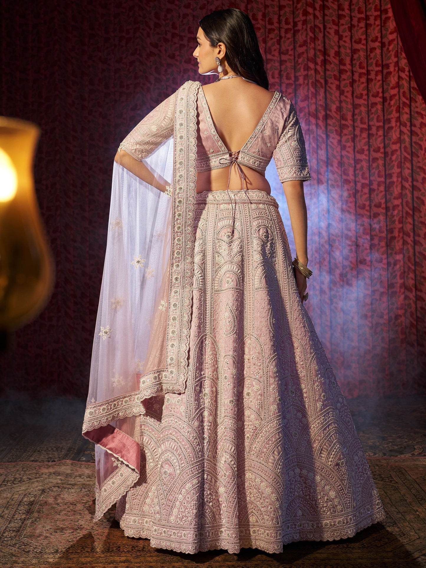Lilac color silk sequins work lehenga choli images