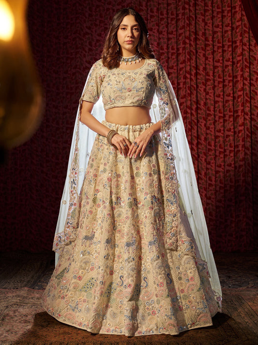 White color silk sequins work lehenga choli for women price