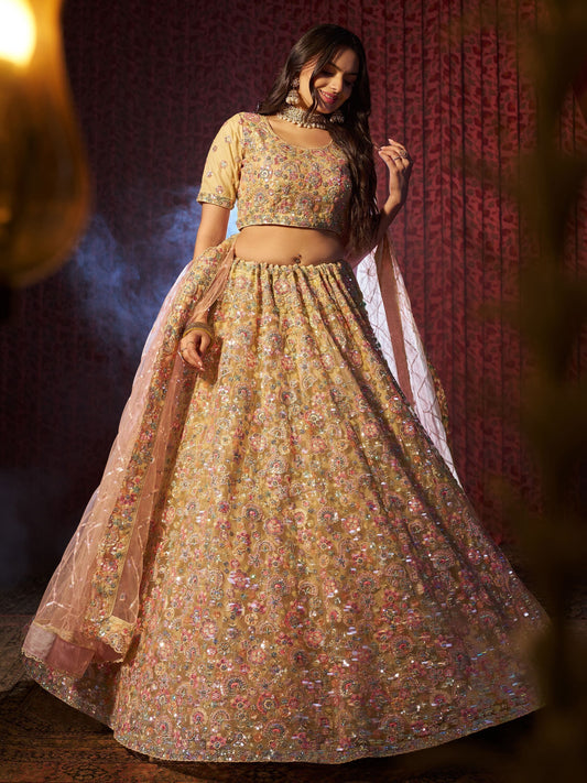 Beige color net lehenga choli for wedding