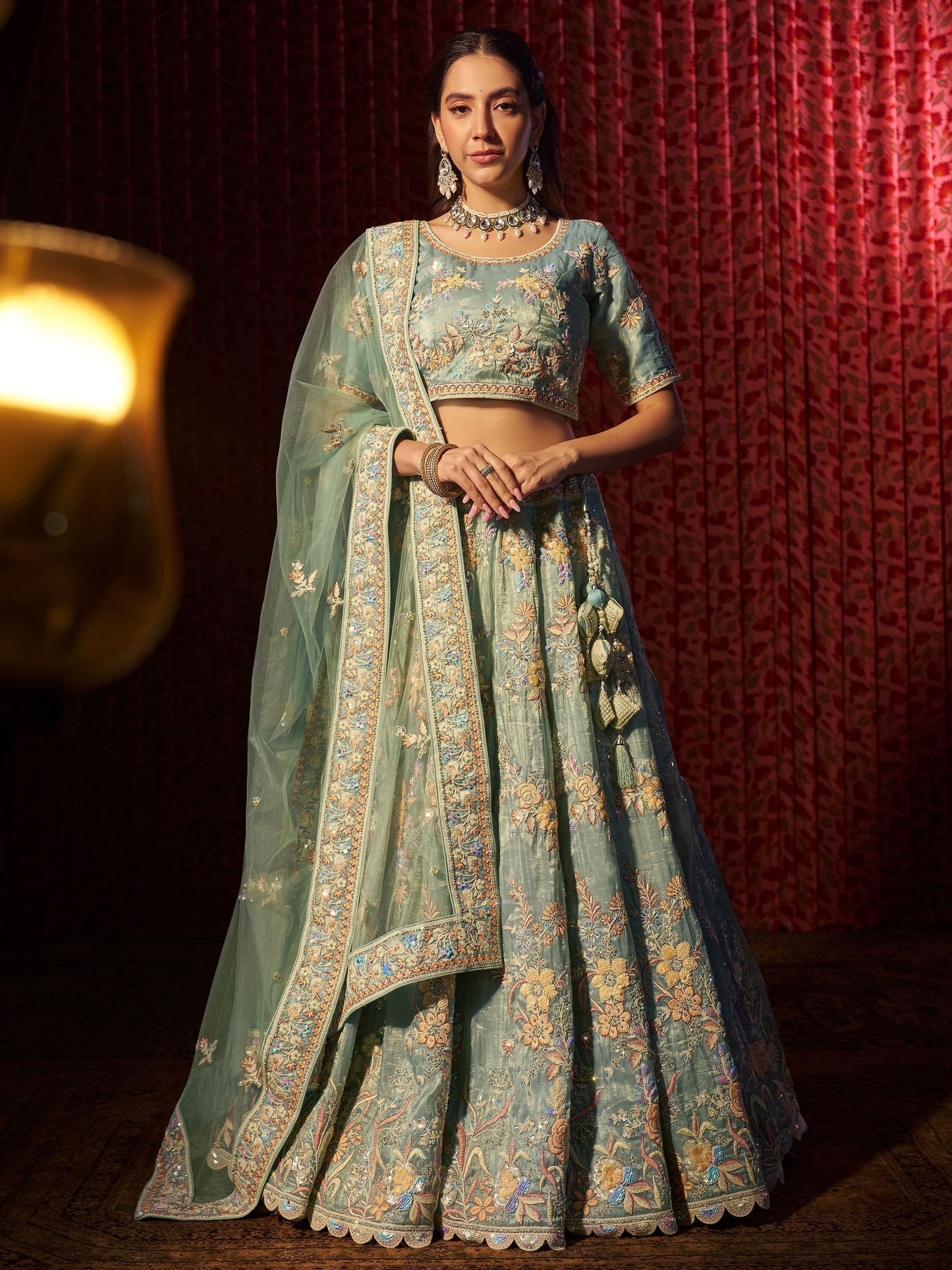 Turquoise color organza lehenga choli for women online
