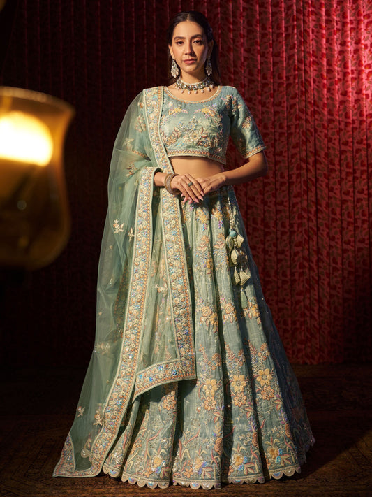 Turquoise color organza lehenga choli for women online