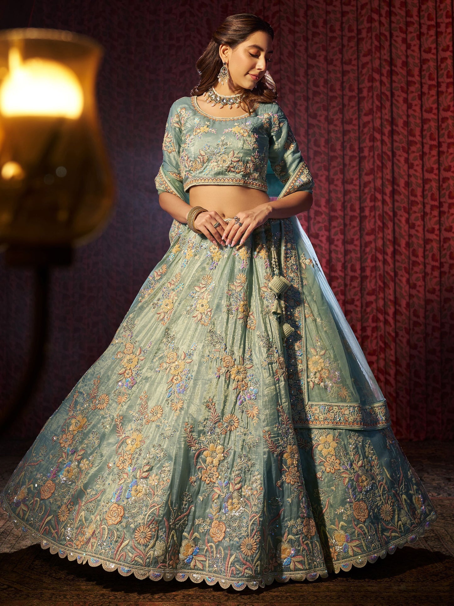 Turquoise color organza lehenga choli images
