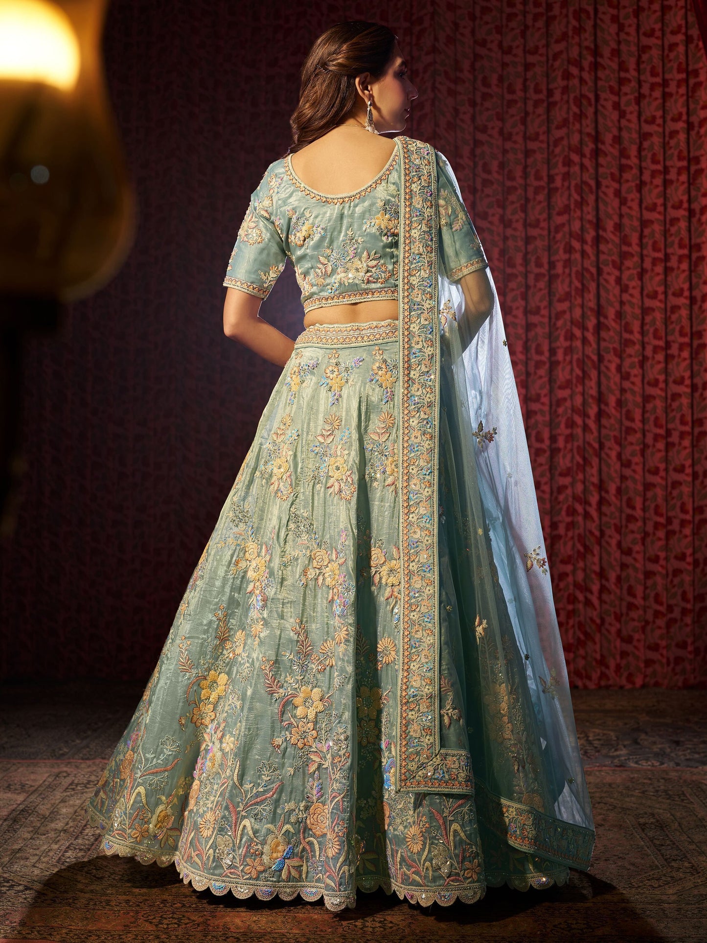 Turquoise color organza lehenga choli design